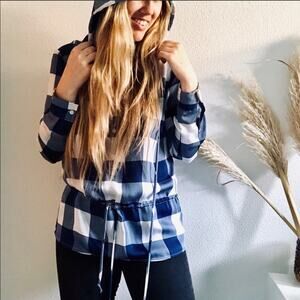 MICHAEL KORS Blue White Checker Plaid Drawstring Henley Hoodie Shirt Top Blouse